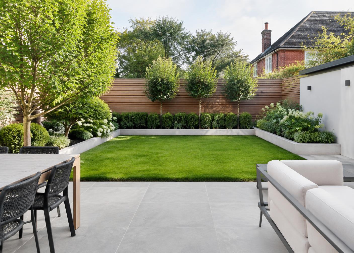 Garten nach der Umgestaltung mit Terrasse, Rasenfläche und Sichtschutz