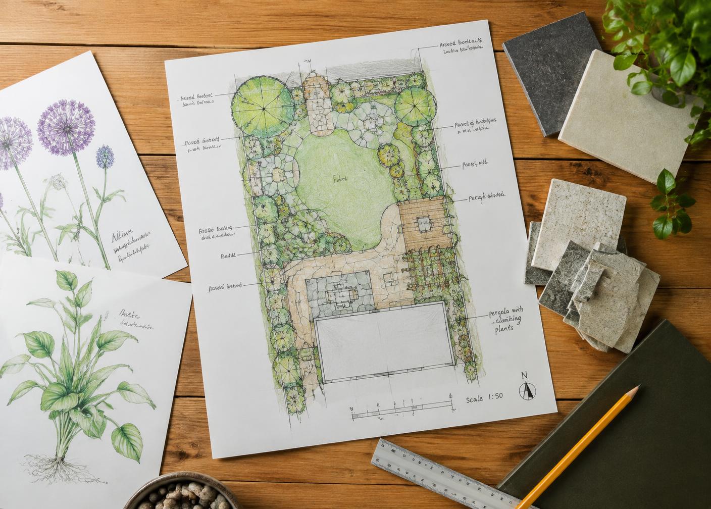 Gartenplanung mit Handzeichnung, Materialmustern und Pflanzskizzen