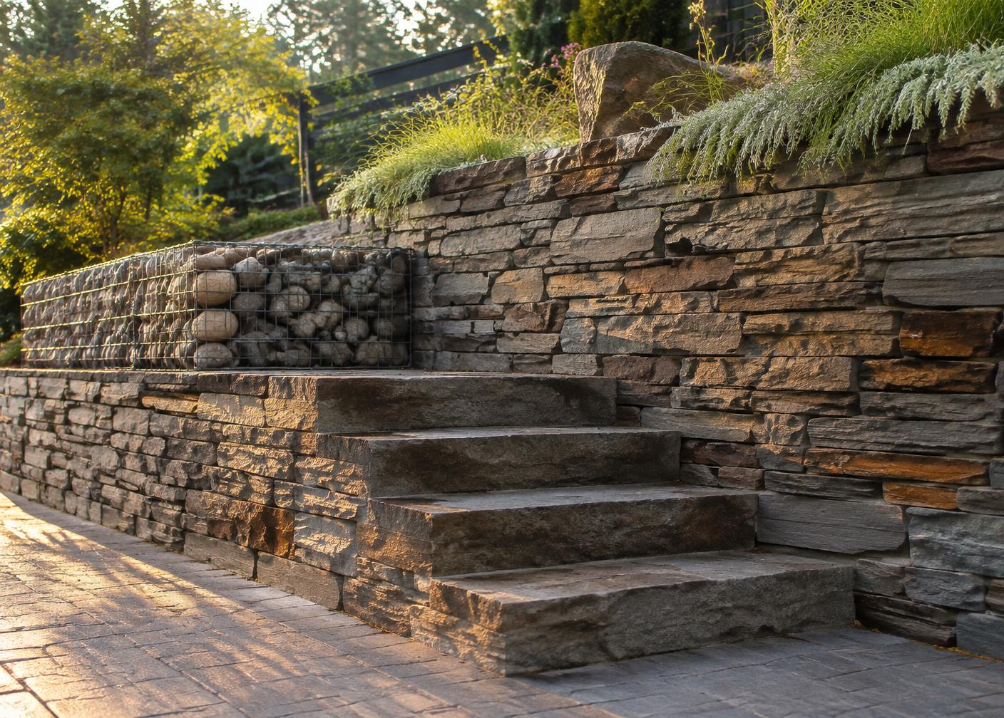 Natursteinmauer mit Stufenanlage – Naturstein & Erdarbeiten in Musterstadt